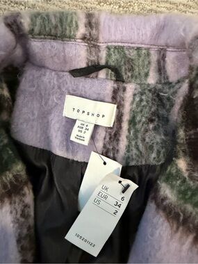 NWT, Topshop Plaid Faux Fur Coat in Lavender and Forest Green, US 2